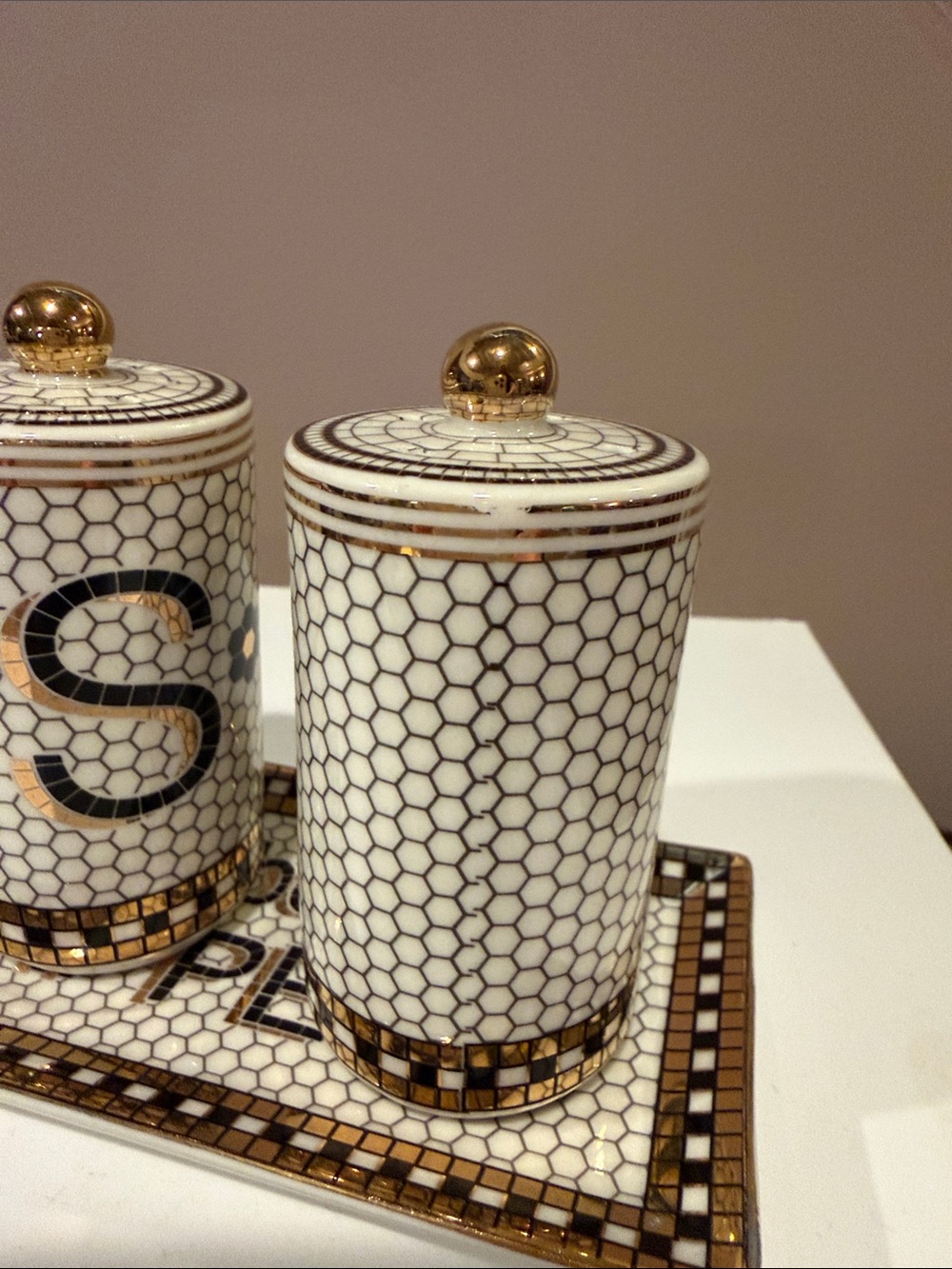 Anthropologie Bistro Tile Salt & Pepper Shakers with Bon Appétit Tray - Picture 6 of 8